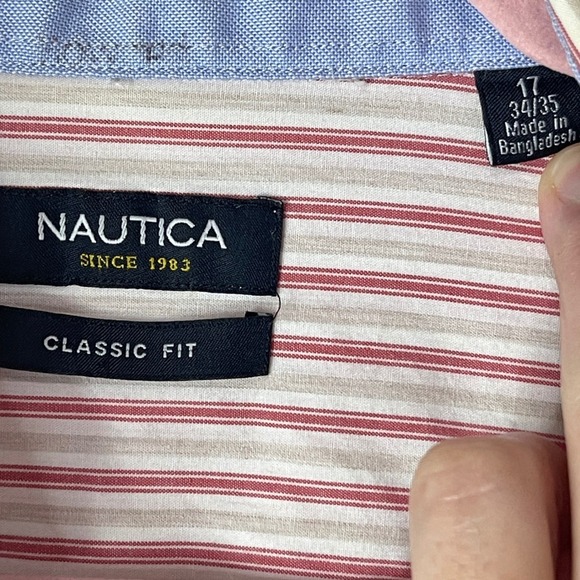 ❄️3/$18 NAUTICA Men's Red Pinstripe Cotton Oxford, 17 Neck 34/35‎ - Picture 4 of 6